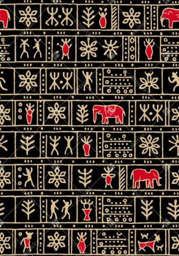 Warli Inspired Tribal Seamless Pattern with Animal and Folk Symbol Motifs on Black Ground