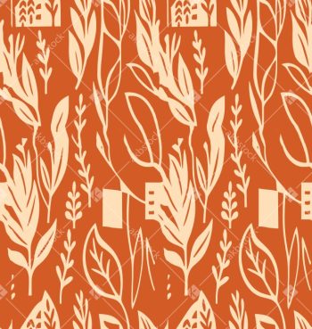 Minimal Botanical Seamless Pattern with Cream Leaf Motifs on Warm Rust Orange Ground