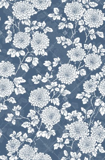 Elegant Chrysanthemum Floral Seamless Pattern with White Botanical Blooms on Dusty Blue Ground