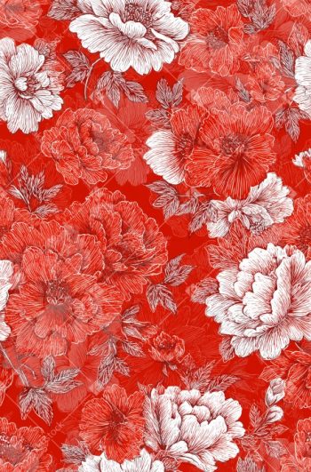 Vintage Engraved Floral Seamless Pattern with White and Coral Blooms on Bright Red Ground