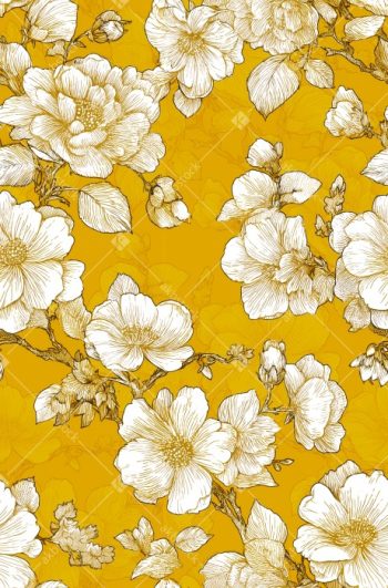 Vintage Engraved Floral Seamless Pattern with Ivory Blossoms on Rich Mustard Yellow Ground