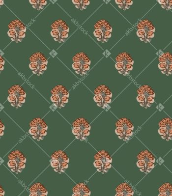 Minimal Floral Buti Seamless Pattern with Vintage Motifs on Deep Olive Green Ground