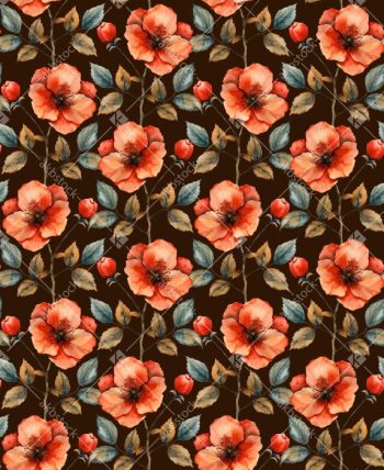 Elegant Vintage Floral Seamless Pattern with Coral Blossoms and Soft Blue Leaves on Deep Brown Ground