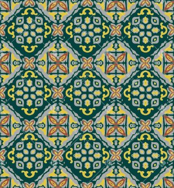 Vintage Geometric Ornamental Seamless Pattern with Deep Teal Ground and Ethnic Medallion Motifs