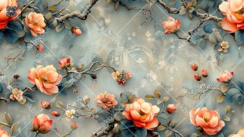 Elegant Floral Branch Placement Design in Peach and Dusty Blue Tones