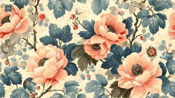 Vintage Peach Floral Seamless Pattern with Blue Leaves on Cream Background