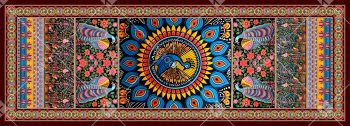 Colorful Folk Art Peacock Dupatta Design with Floral Panels and Ornamental Mandala Center