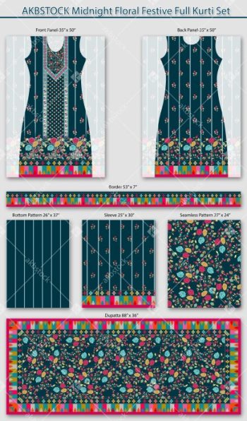 Midnight Floral Festive Full Kurti Set – Premium Coordinated Front, Back, Sleeve, Border and Dupatta Design