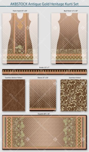 Antique Gold Heritage Kurti Set Digital Textile Design with Dupatta and Coordinated Panels