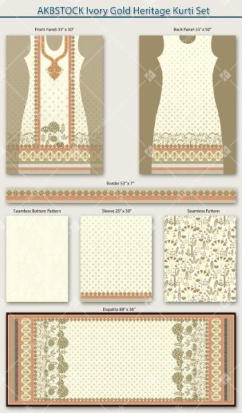 Ivory Gold Heritage Kurti Set Digital Textile Design with Dupatta and Coordinated Panels