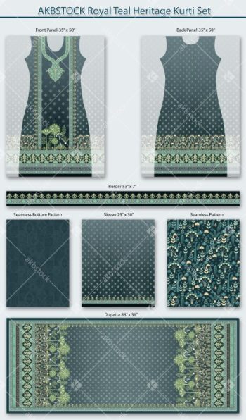 Royal Teal Heritage Kurti Set Digital Textile Design with Dupatta and Coordinated Panels
