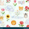 Cute Watercolor Kids Seamless Pattern with Animals Flowers and Clouds - Color 1