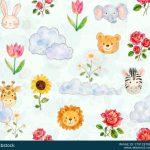 Cute Watercolor Kids Seamless Pattern with Animals Flowers and Clouds - Color 1