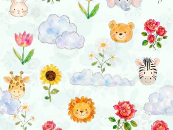 Cute Watercolor Kids Seamless Pattern with Animals Flowers and Clouds - Color 1
