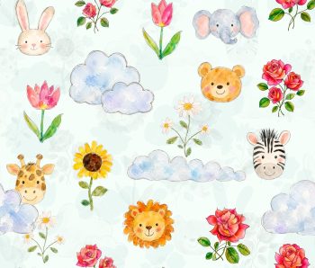 Cute Watercolor Kids Seamless Pattern with Animals Flowers and Clouds - Color 1