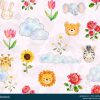 Cute Watercolor Kids Seamless Pattern with Animals Flowers and Clouds - Color 2