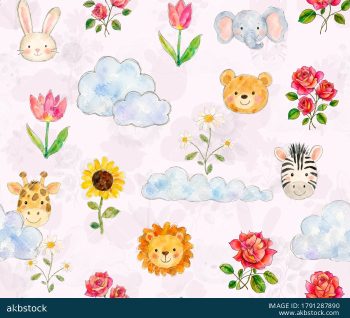 Cute Watercolor Kids Seamless Pattern with Animals Flowers and Clouds - Color 2