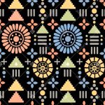 Black Boho Geometric Seamless Pattern with Colorful Folk Tribal Motifs - Color 1