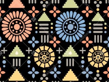Black Boho Geometric Seamless Pattern with Colorful Folk Tribal Motifs - Color 1