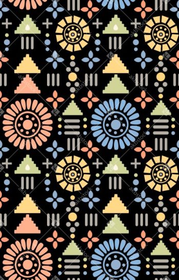 Black Boho Geometric Seamless Pattern with Colorful Folk Tribal Motifs - Color 1