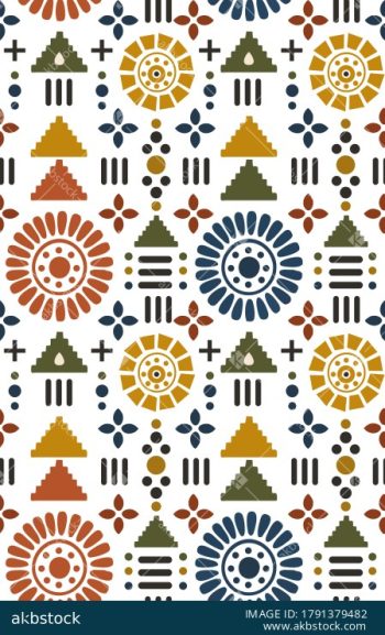 Black Boho Geometric Seamless Pattern with Colorful Folk Tribal Motifs - Color 2