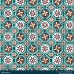 Turquoise Geometric Floral Seamless Pattern with Octagon and Diamond Motifs - Color 1