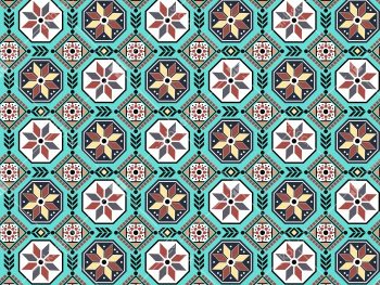 Turquoise Geometric Floral Seamless Pattern with Octagon and Diamond Motifs - Color 1