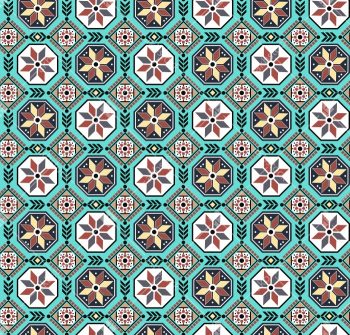 Turquoise Geometric Floral Seamless Pattern with Octagon and Diamond Motifs - Color 1