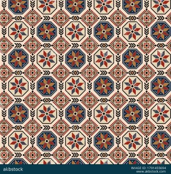 Turquoise Geometric Floral Seamless Pattern with Octagon and Diamond Motifs - Color 2